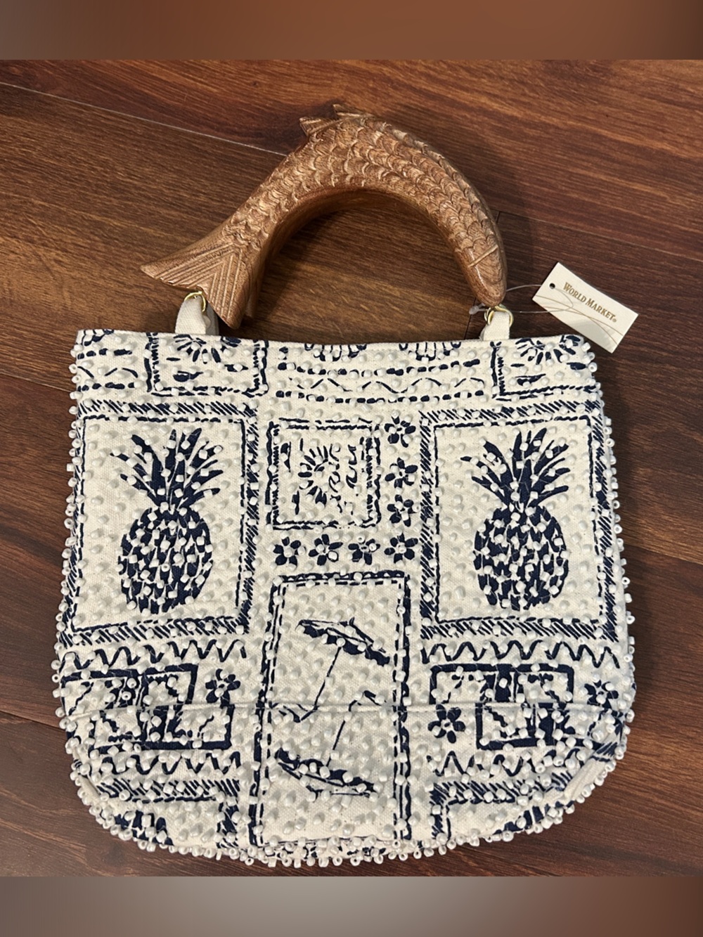 Statement Beaded Handbag with Carved Wood Handles